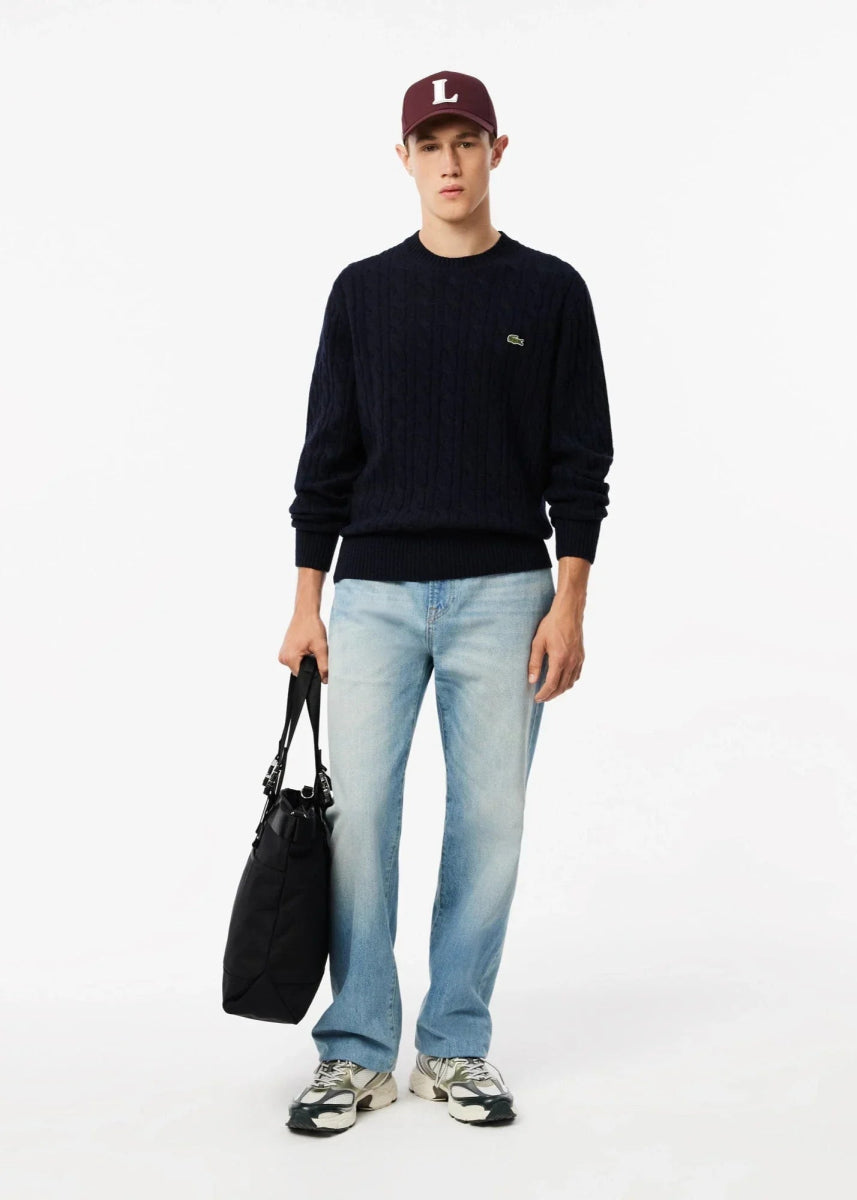 Pull torsadé Lacoste marine en laine - French Destock