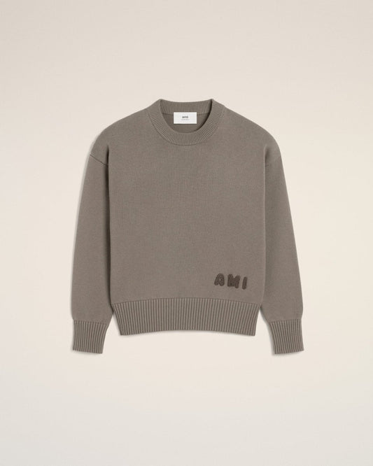 BEIGE COTTON AMI EMBROIDERED CREWNECK SWEATER - French Destock